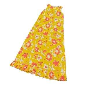 Vintage 1960's Psychedelic Hawaiian Yellow Floral Maxi Dress Women XS Bow Ruffle